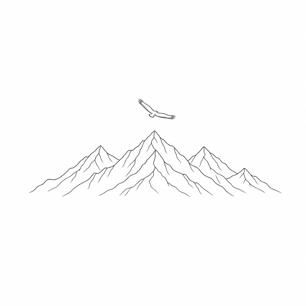 Sample design: a small fine-line mountain range with one bird, drawn in black ink