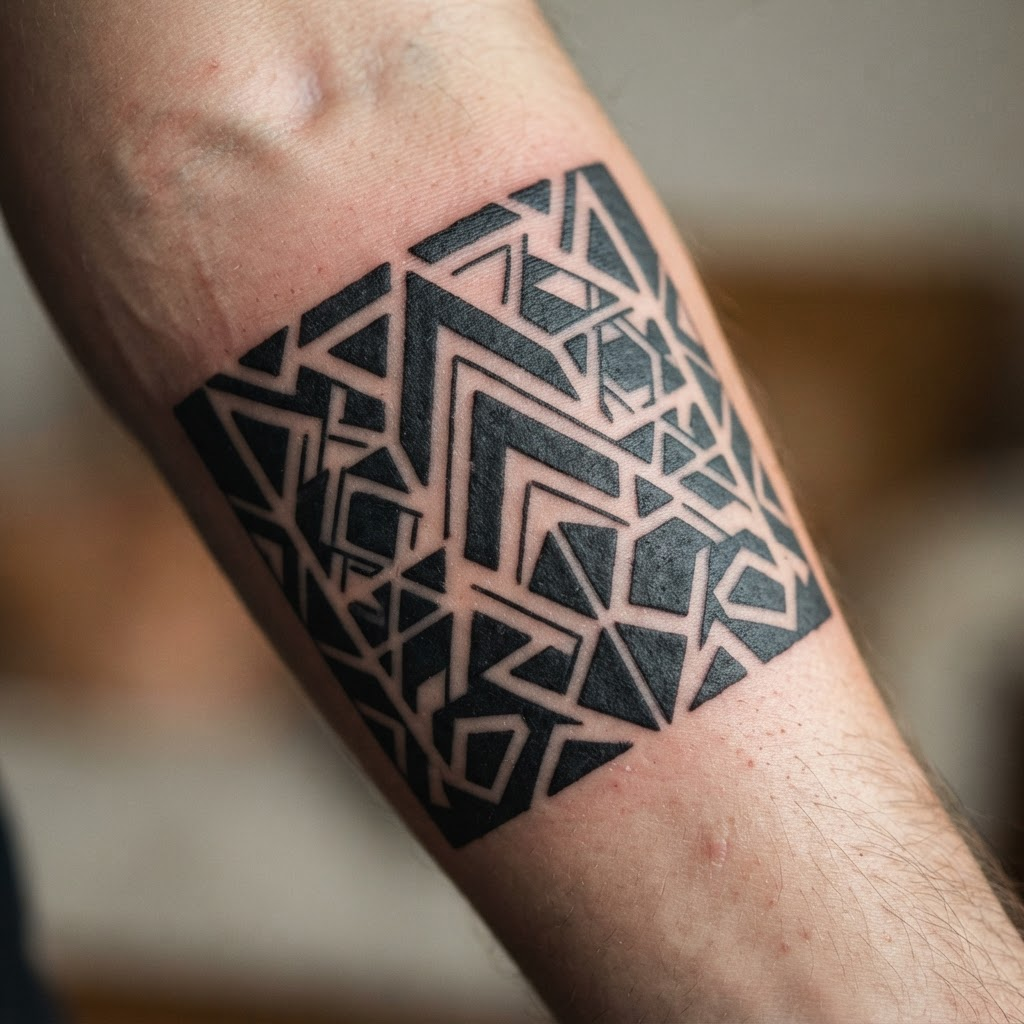 Blackwork tattoo style: bold solid-black geometric shapes