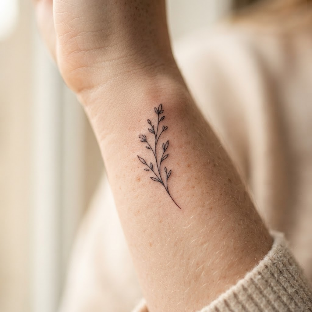 Fine line tattoo style: a delicate single-needle botanical stem