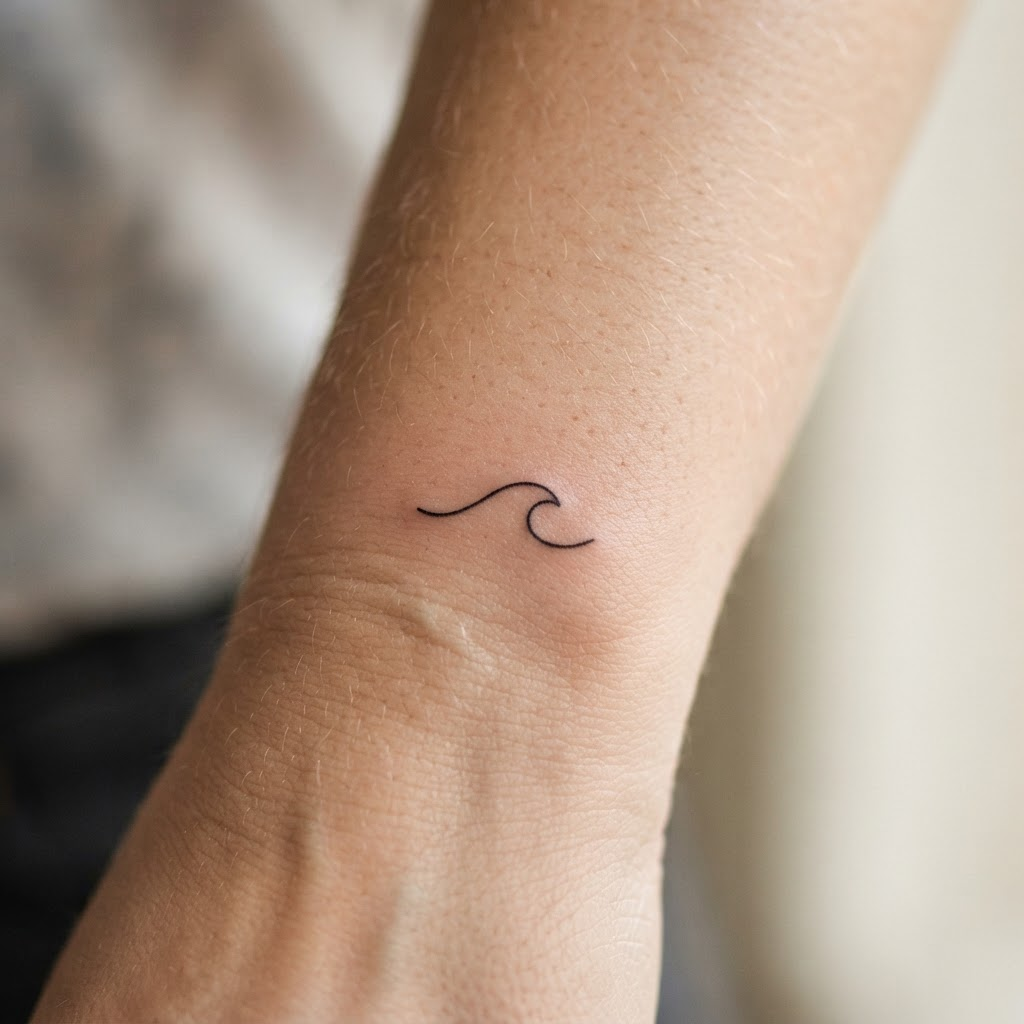 Minimalist tattoo style: a tiny single-line wave with negative space