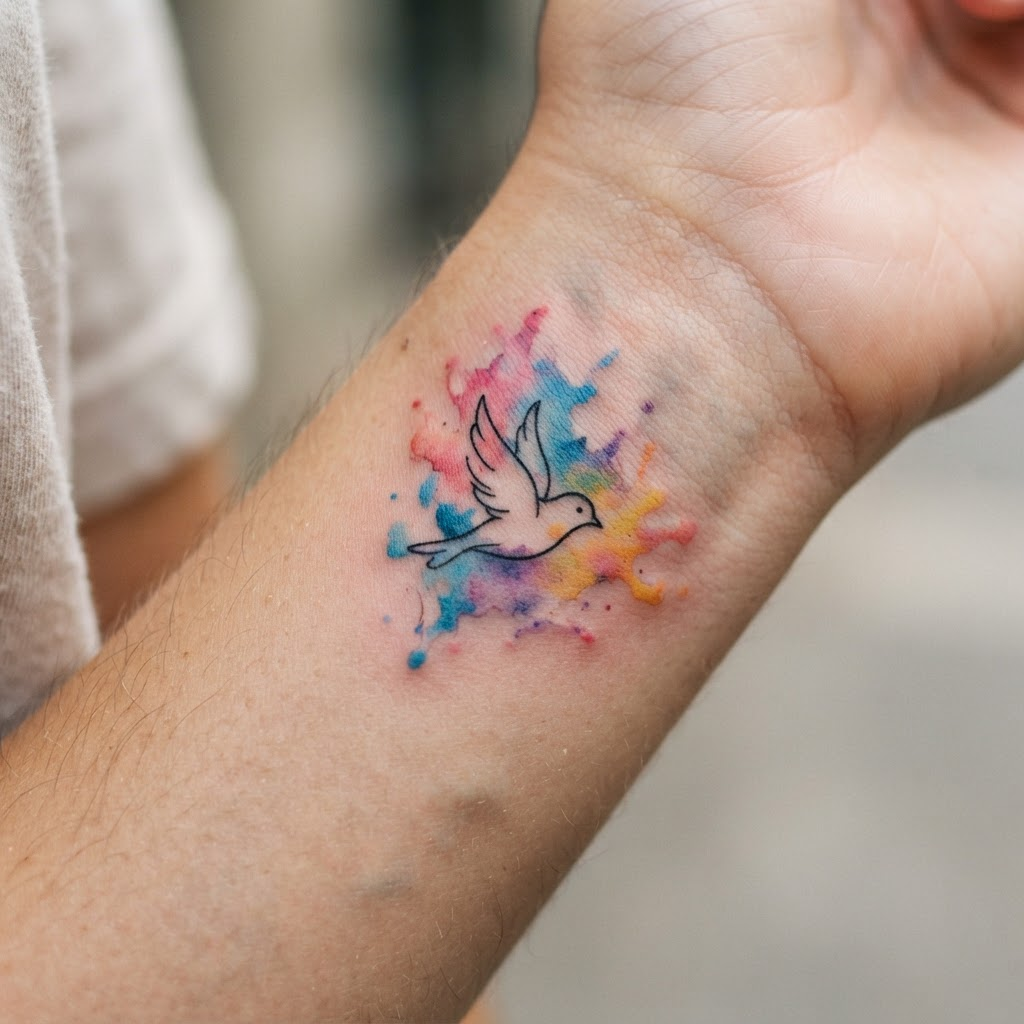 Watercolor tattoo style: a black-line bird over soft color bleed